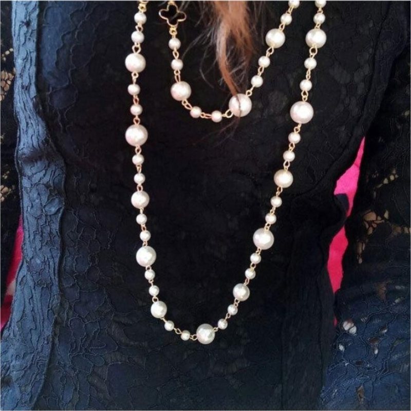 2 Strands Dress Chain Sweater Chain Long Pearl and Clover Necklace