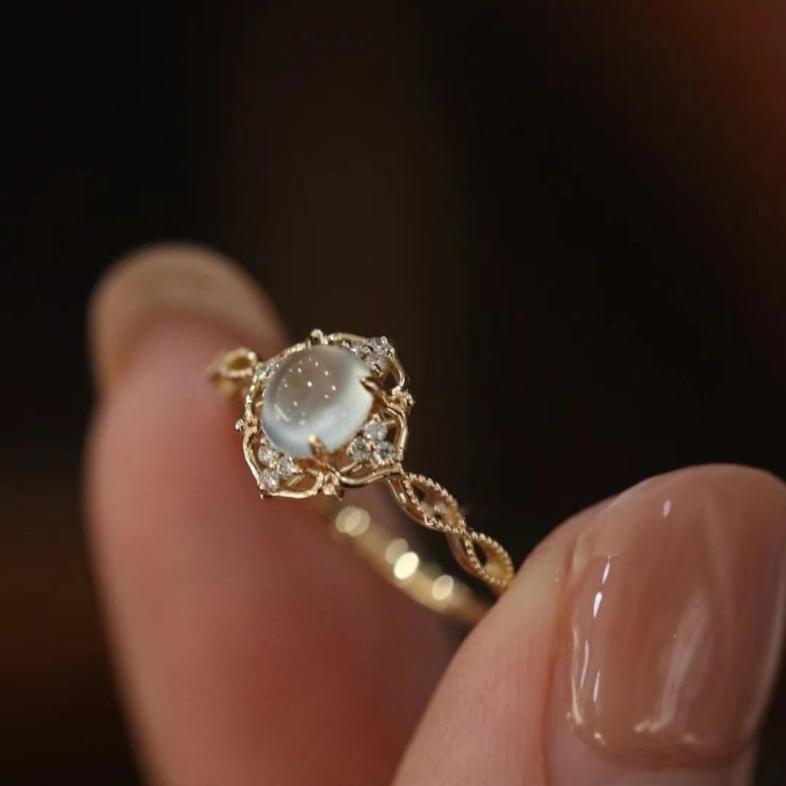 18K Gold Plated Moonstone Ring Adjustable Size Romantic Natural Stone Ring