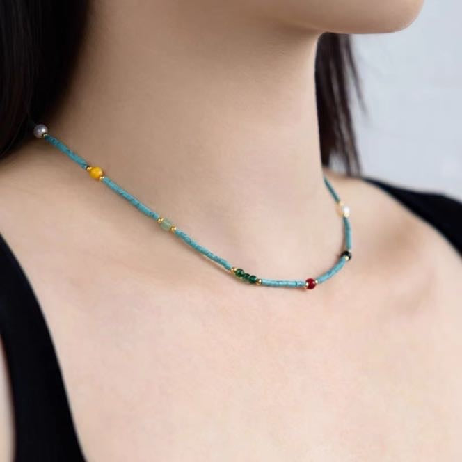 Turquoise Necklace Pearl and Natural Stone Necklace Luxury Blue Turquoise Chain 18 inch