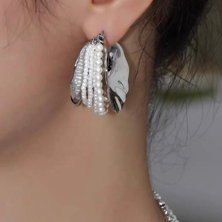 Super Big Hoop Earrings with Pearls Silver Chunky Huggie Designed Earrings