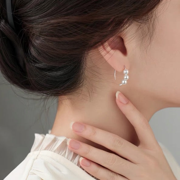 Sterling Silver Earrings Elegant 3 Pearl Drop Hoop Earrings S925 Silver