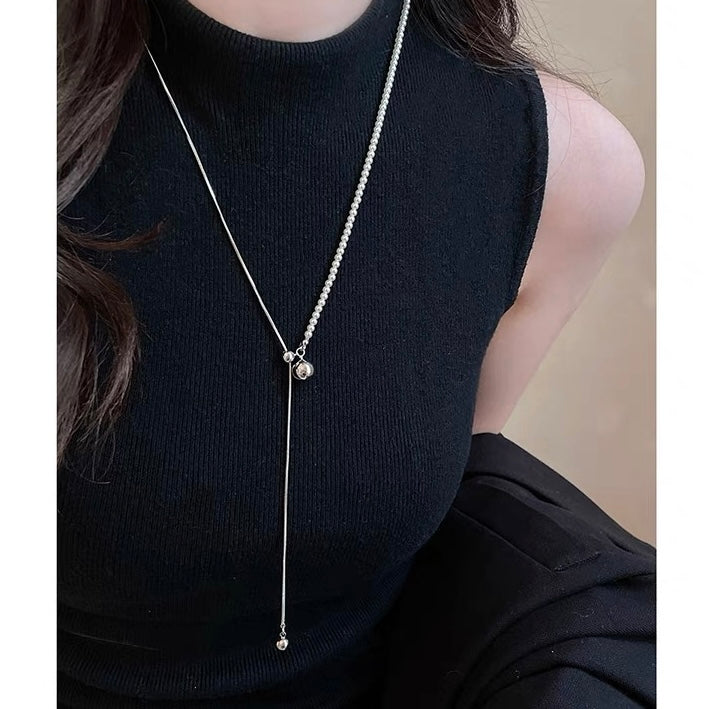 New Pearl Sweater Chain Long Free Adjust Gold and Silver Drop Necklace