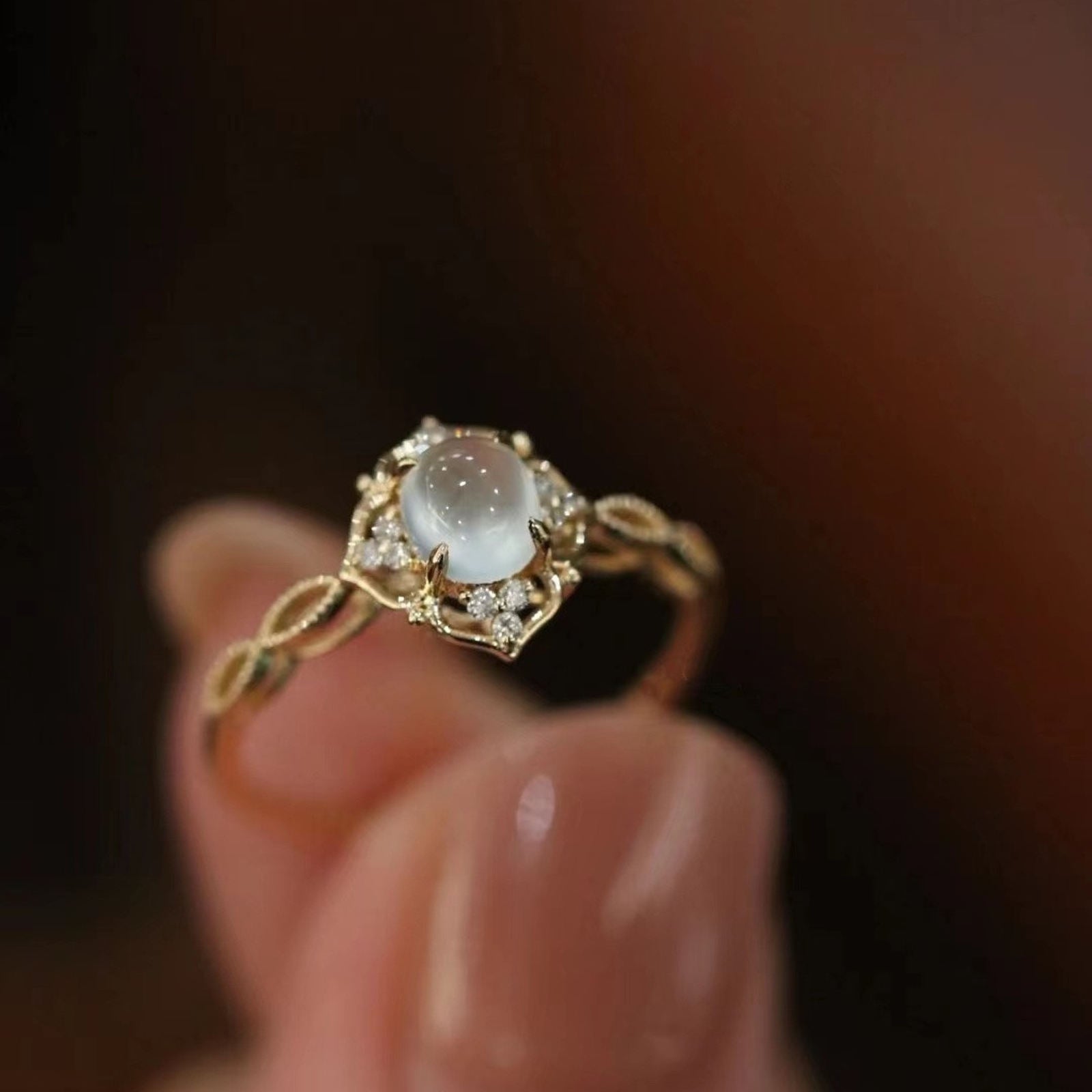 18K Gold Plated Moonstone Ring Adjustable Size Romantic Natural Stone Ring