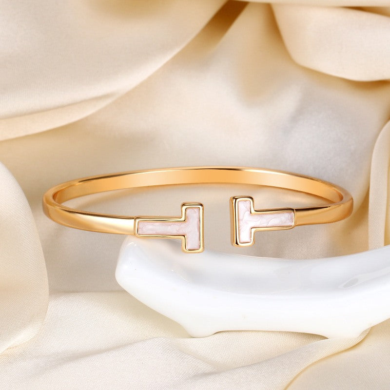 Double T White Mother of Pearl Bangle Classic 14K Gold Plated Bracelet