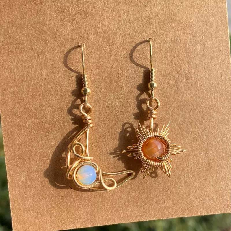 Asymmetrical Bohemian Earrings Moonstone Drop Earrings in Sun and Moon Design