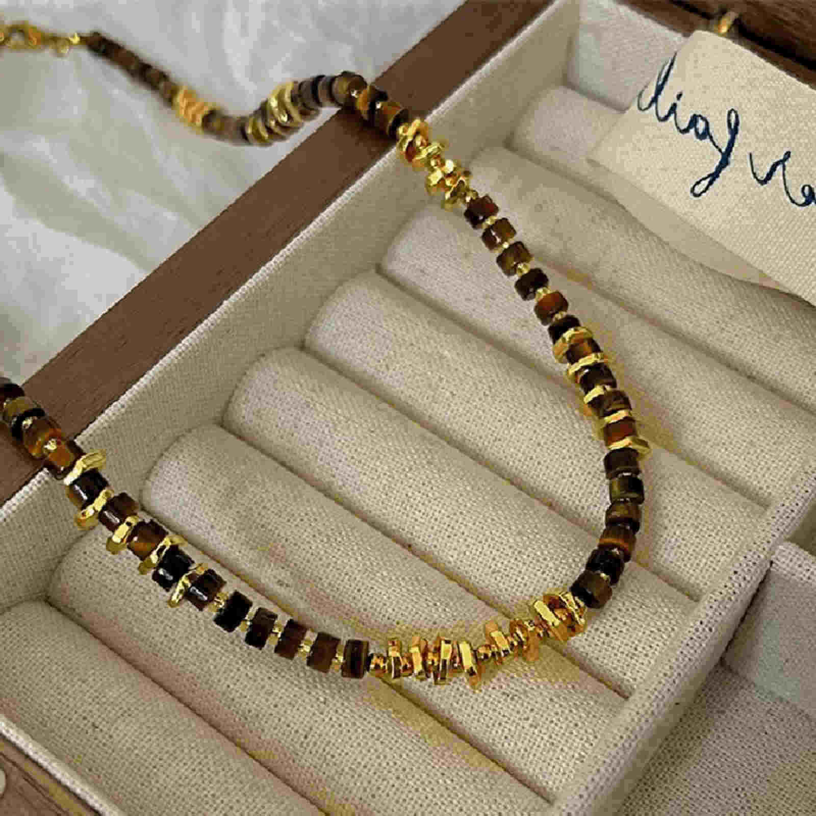 Maillard Style Necklace Natural Stone Necklace Tiger Eye Stone Beaded Clavicle Chain for Women