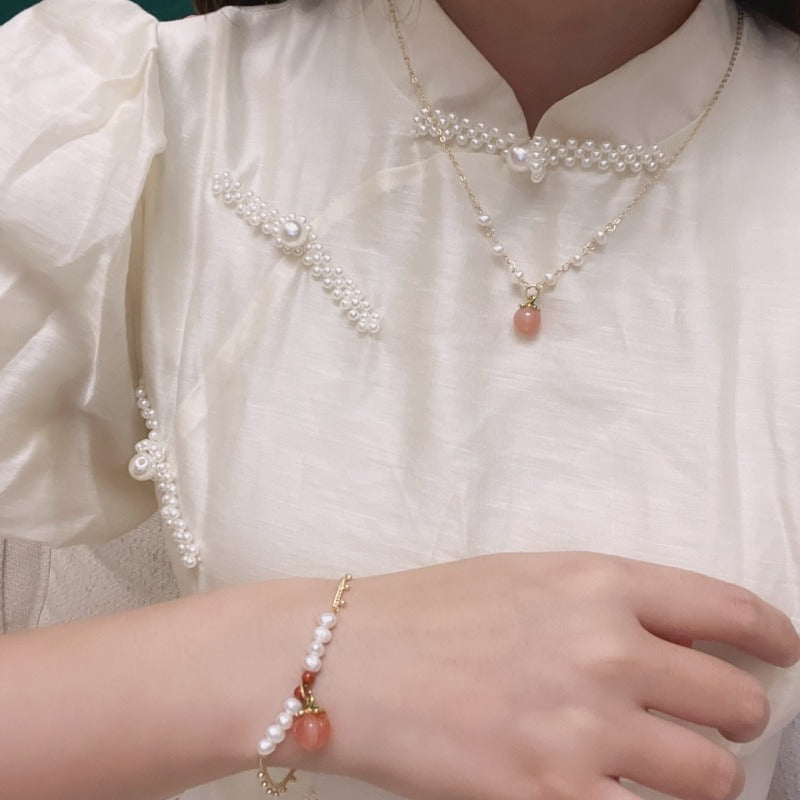 Peach Drop Necklace Bracelet and Earrings Freshwater Pearl and Gold Chain Jewelry Set for Girls