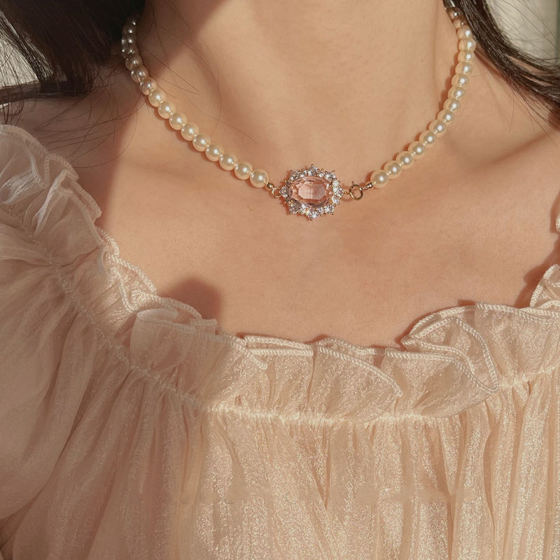 6MM Pearl Necklace | Crystal Pendant Pearl Chain | 14K Gold Shining Pearl Wedding Necklace