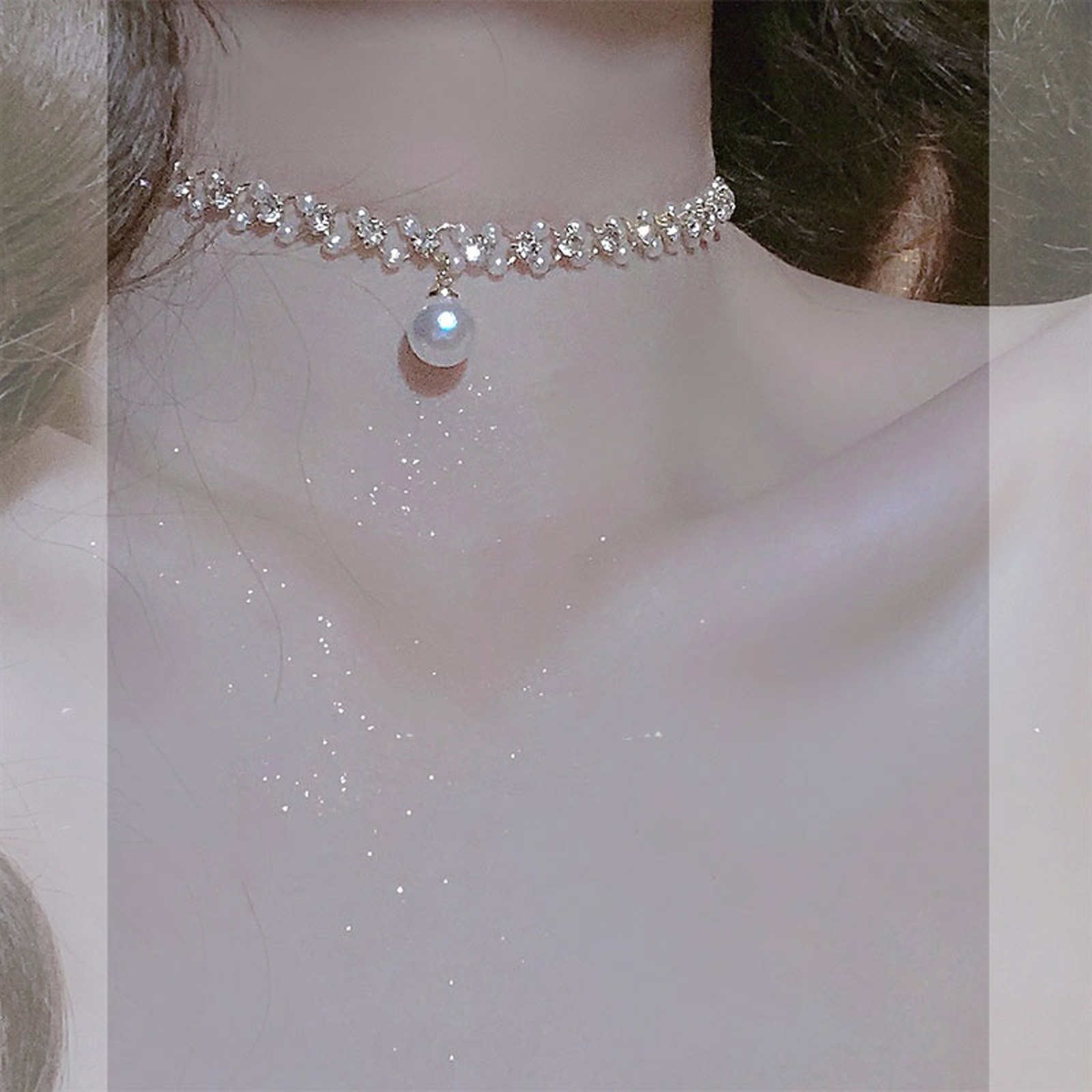 Sweet Pearl Chocker Petite MlutiStrand Pearl Chain and Pearl Drop Necklace 40cm