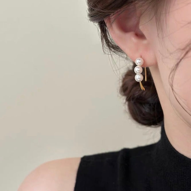 Sterling Silver Earrings Elegant 3 Pearl Drop Hoop Earrings S925 Silver