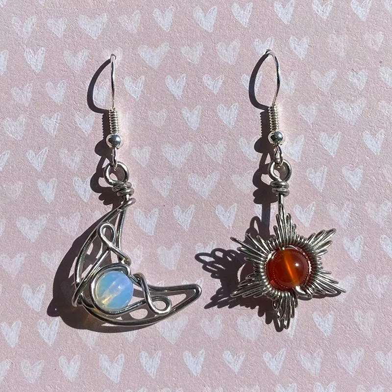 Asymmetrical Bohemian Earrings Moonstone Drop Earrings in Sun and Moon Design