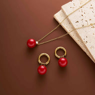 Christmas Jewelry Set Red Pearl Drop Earrings and Necklace with 14K Gold Plated Clasp
