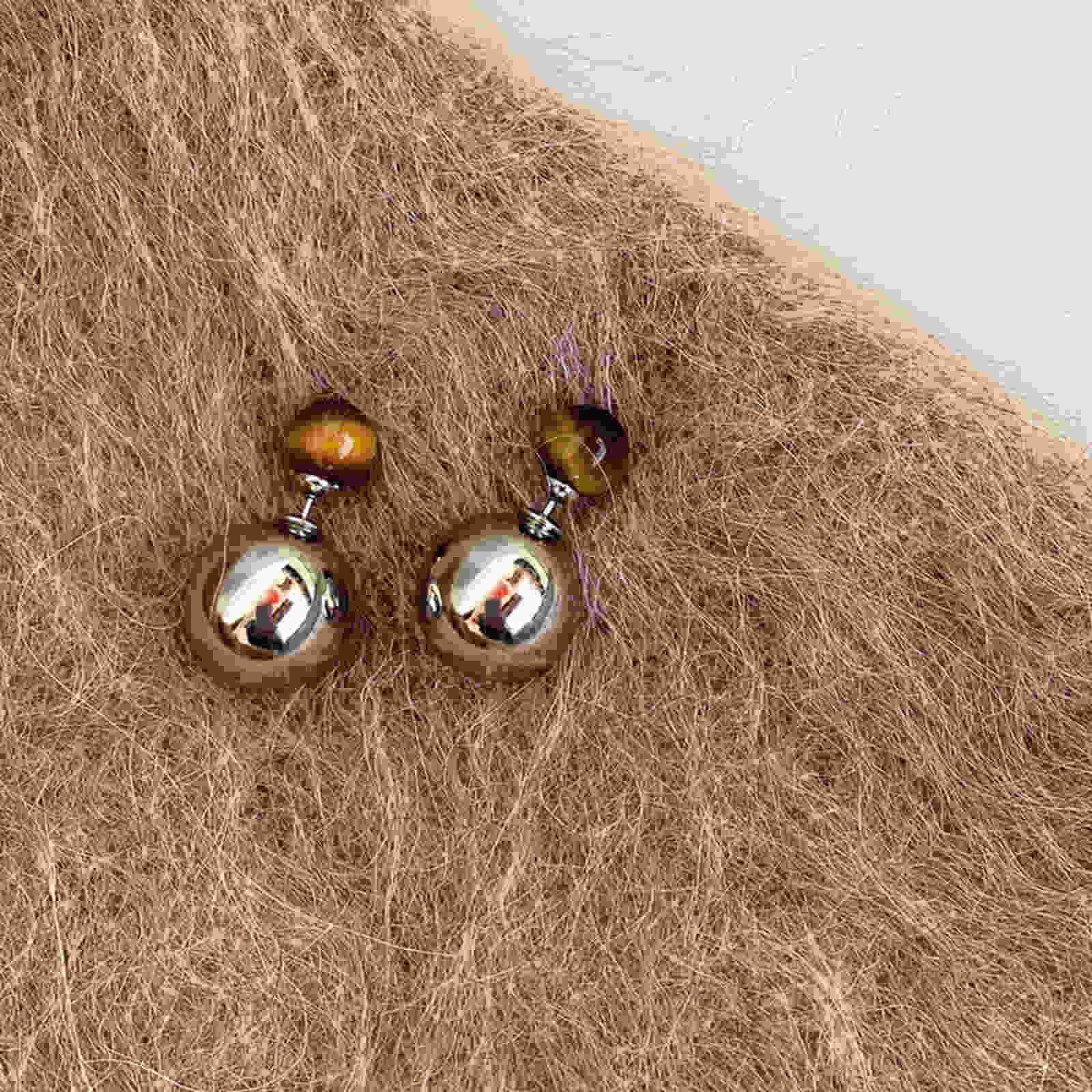 Silver Metal Stud Double Ball Earrings Tiger Eye Stone Earrings with S925 Silver Pin