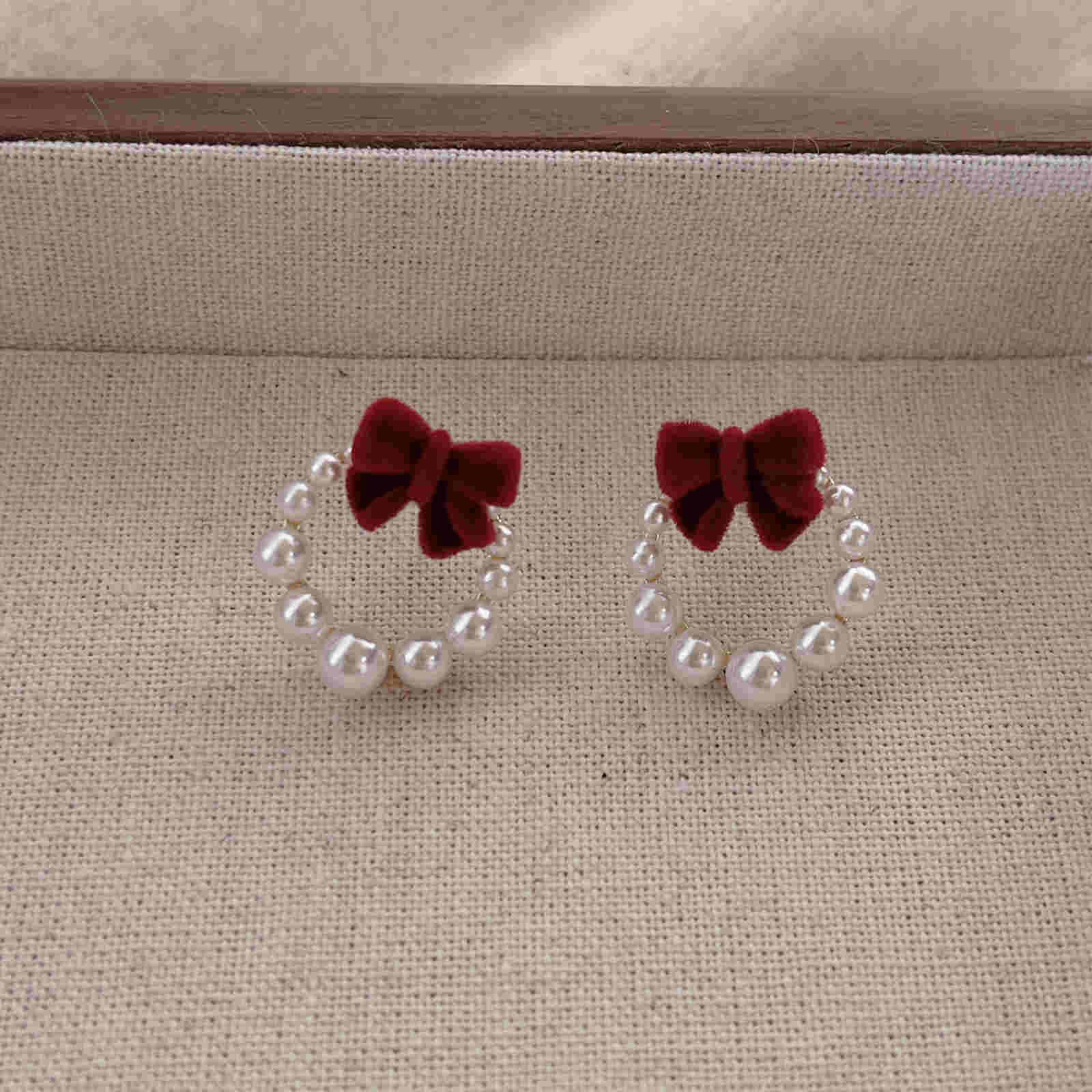 Xmas New Year Red Earrings Bow with Pearl Wreath Earring Studs with Silver Pin