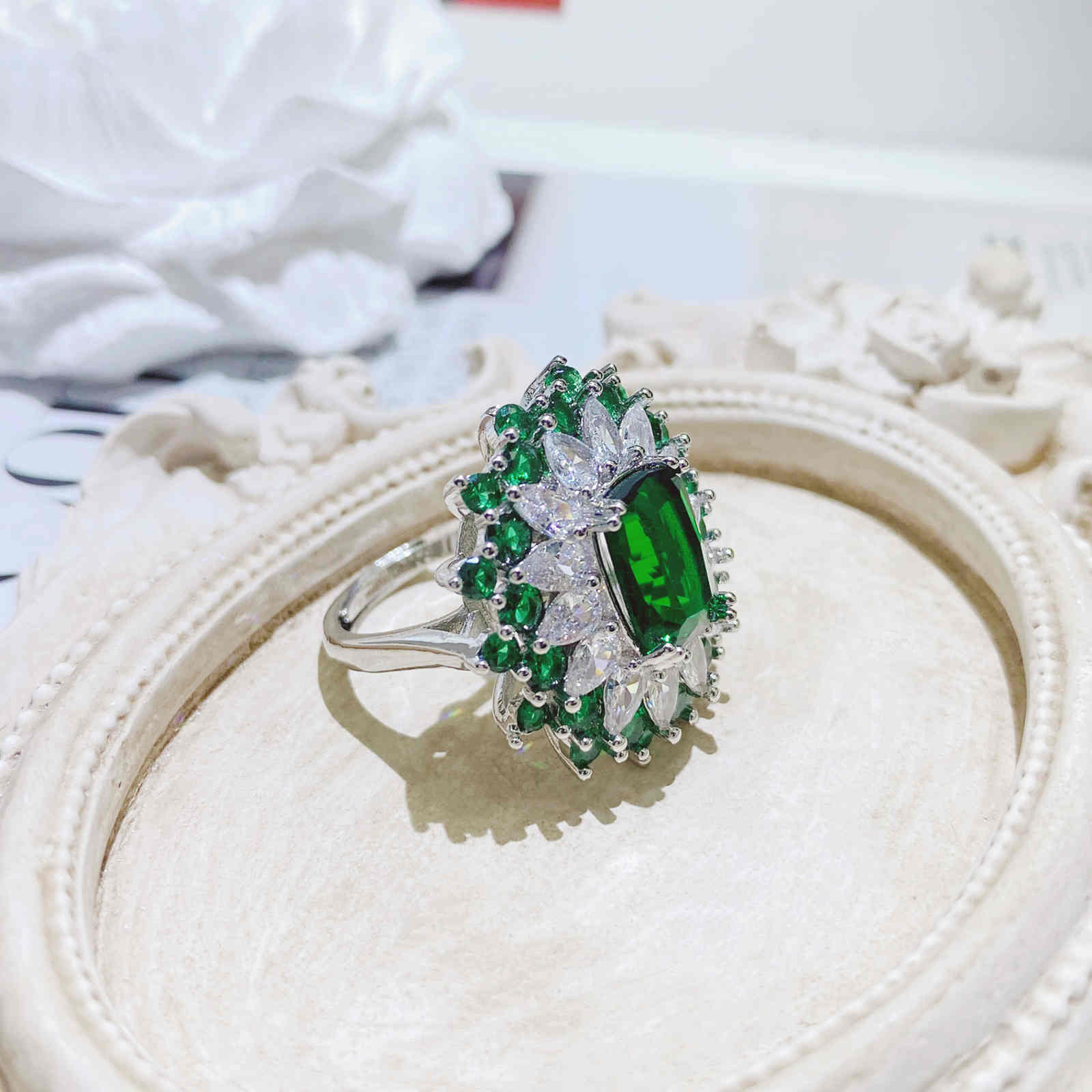Jewelry Set Blue and Green Synthetic Quartz Crystal Earrings Necklace and Ring Set