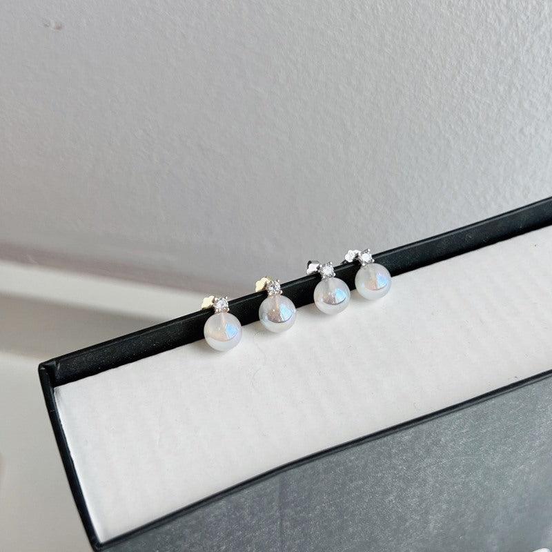 Moonstone Earring Studs Small Opal Pearl Drop with Diamond Earrings S925 Silver Pin