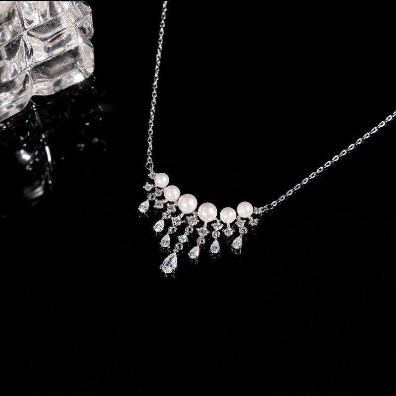 Pearl Silver Waterfall Necklace Pearl with Zircon Shining Drop Tassels Necklace