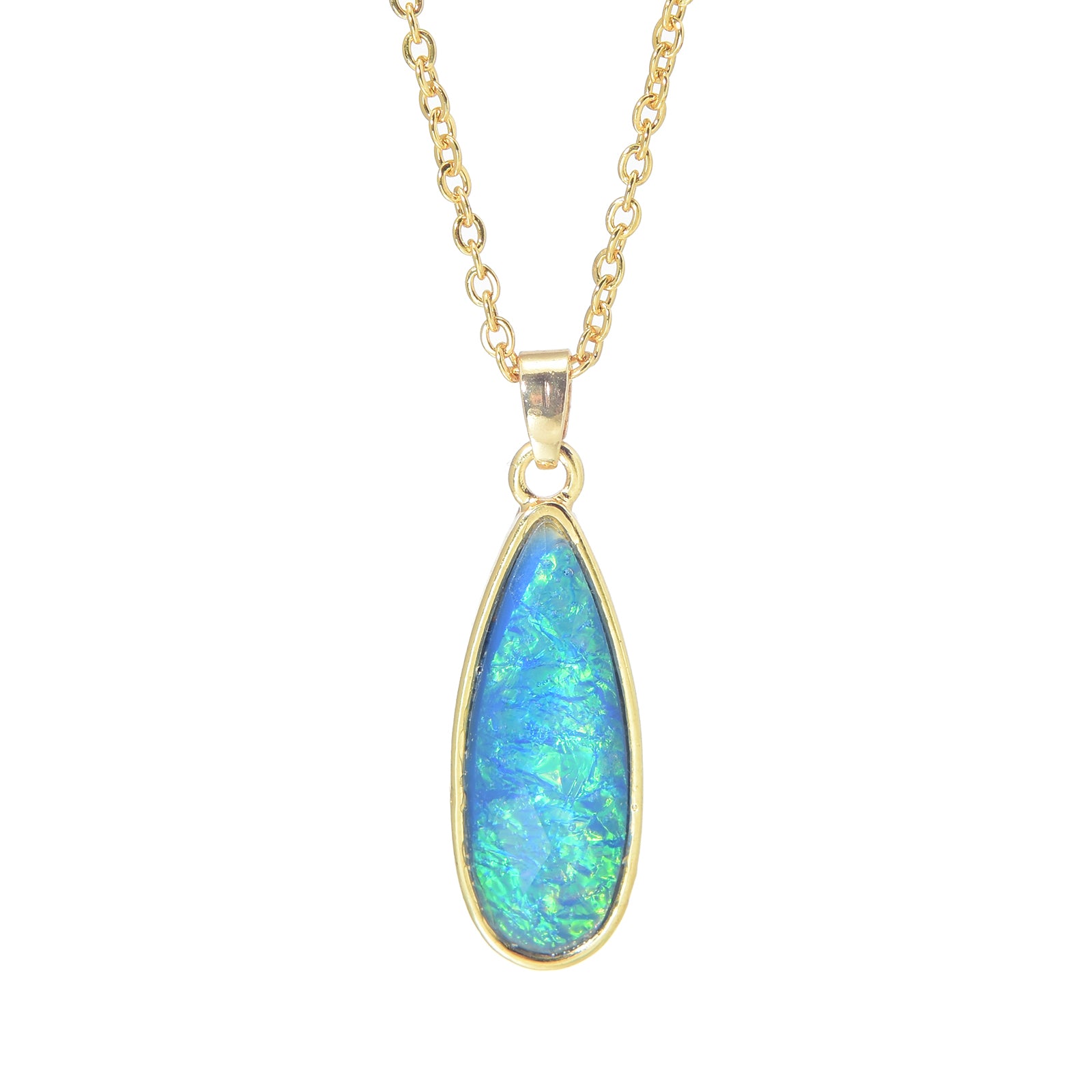 Opal Jewelry Set Oil Paint Vibe Earrings and Necklace Set Gold Chain with Blue and Green Opal Pendant