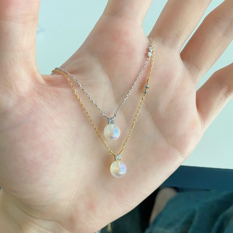 Opal Pearl Pendant Moonstone Diamond Necklace with 14k Gold Plated S925 Sterling Sliver Chain