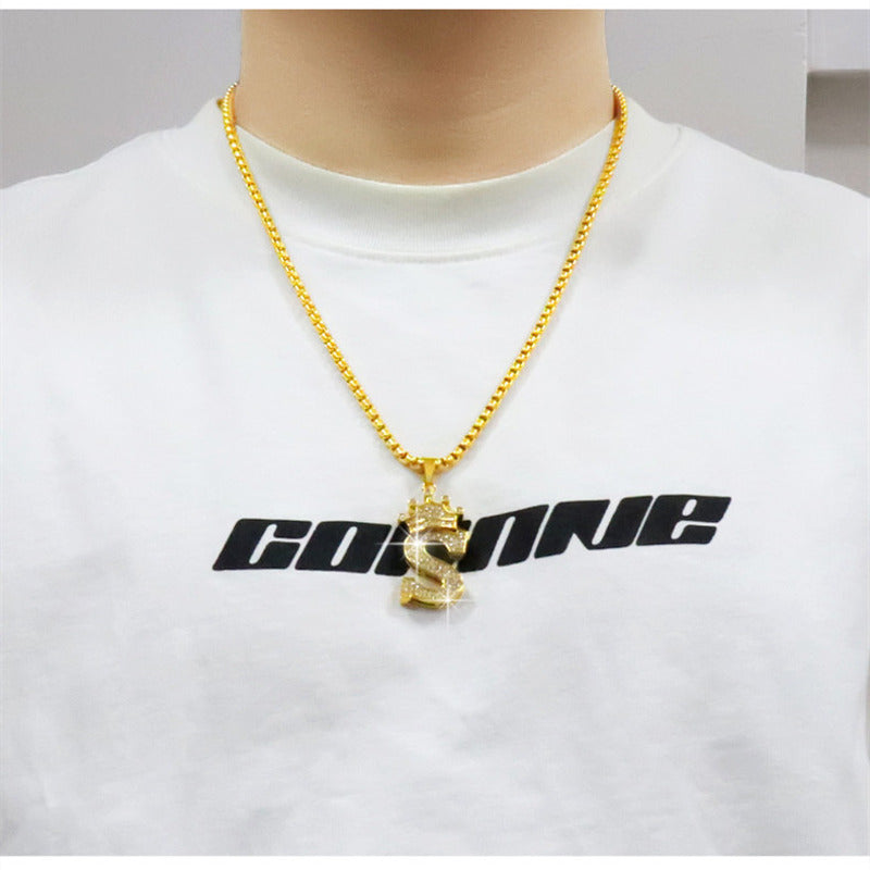 Alphabet Pendant Necklaces With Free Gold Chain Crystal Zircon Crown Initial Letter Necklace