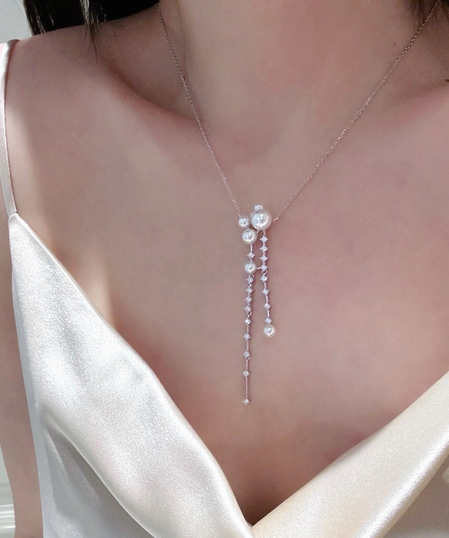 Freshwater Pearl Pendant Necklace Big Crystal Glossy Pearl Pendant Silver Chain 45cm
