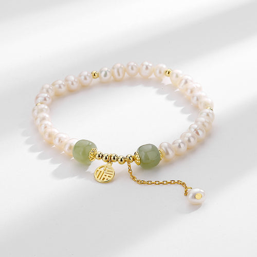 6-7mm Real Pearl and Jade Bracelet in 14k Gold Over Sterling 925 Silver