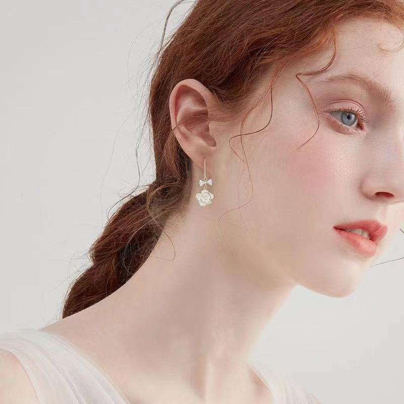 Gold Camellia Pearl Bracelet and Earrings | Double Strand Bracelets | Bow Earrings in 14K Gold Plated