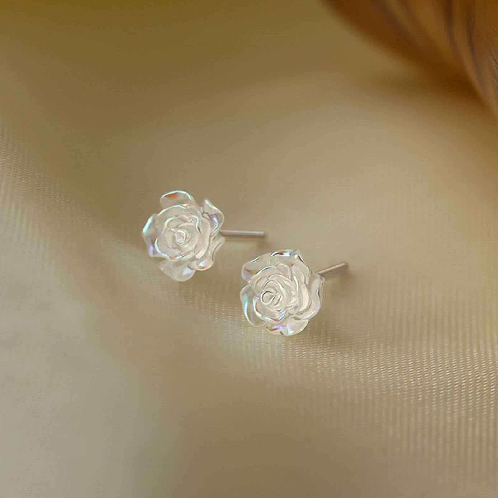 Mini Camellia Earring Studs  Elegant Crystal Feel Earrings S925 Silver Pin