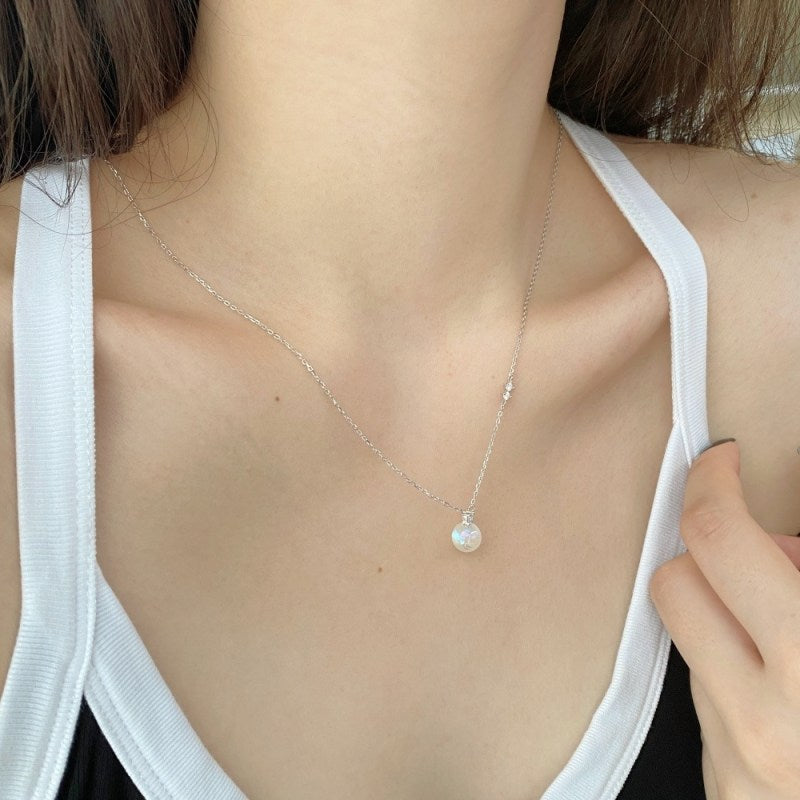 Opal Pearl Pendant Moonstone Diamond Necklace with 14k Gold Plated S925 Sterling Sliver Chain