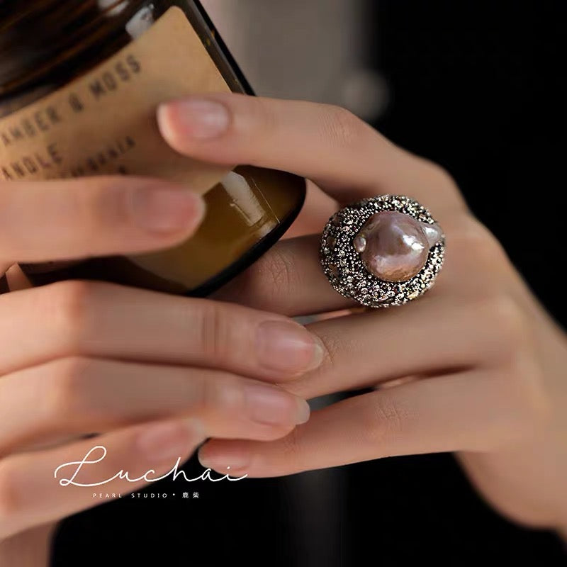 AAAA Natural Baroque Pearl Ring Size Adjustable Glitter Royal Style Ring 12mm Big Real Pearl Ring