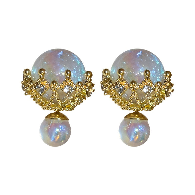Moonstone Earring Studs 2 Side Opal Earrings Gold Settings and Silver Pin