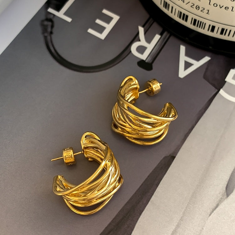 Pendientes de aro grandes con garra elegante, pendientes gruesos trenzados de oro y plata con alfileres de plata S925