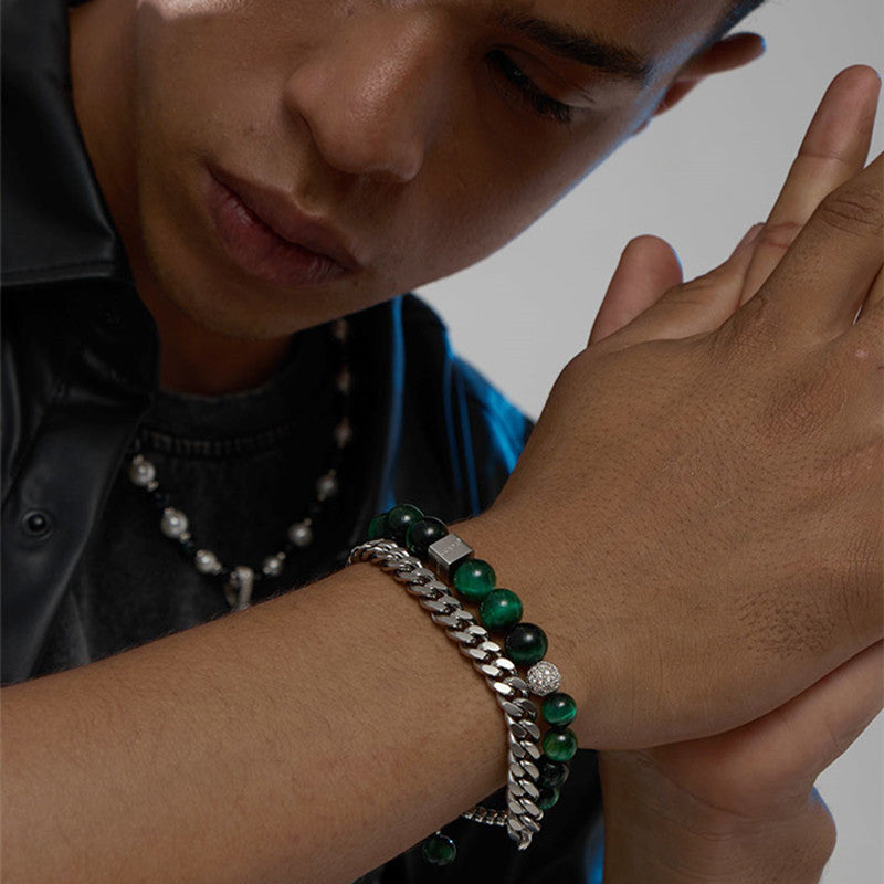 8MM Black Green Pearl Beaded Bracelet | Hip Hop Stone Bracelet | OT Clasp Cuban Chain Double Stack Bracelet