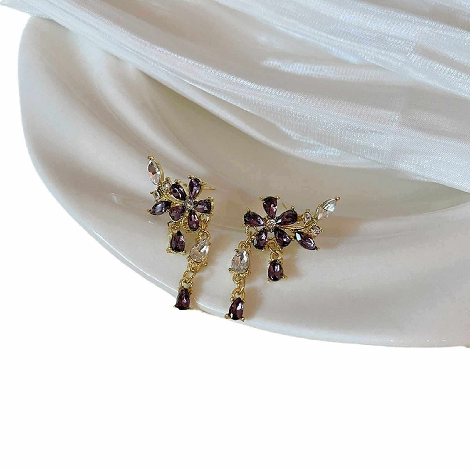 Crystal Flower Stud Earrings Super Shiny Purple Diamond Tassel Earrings