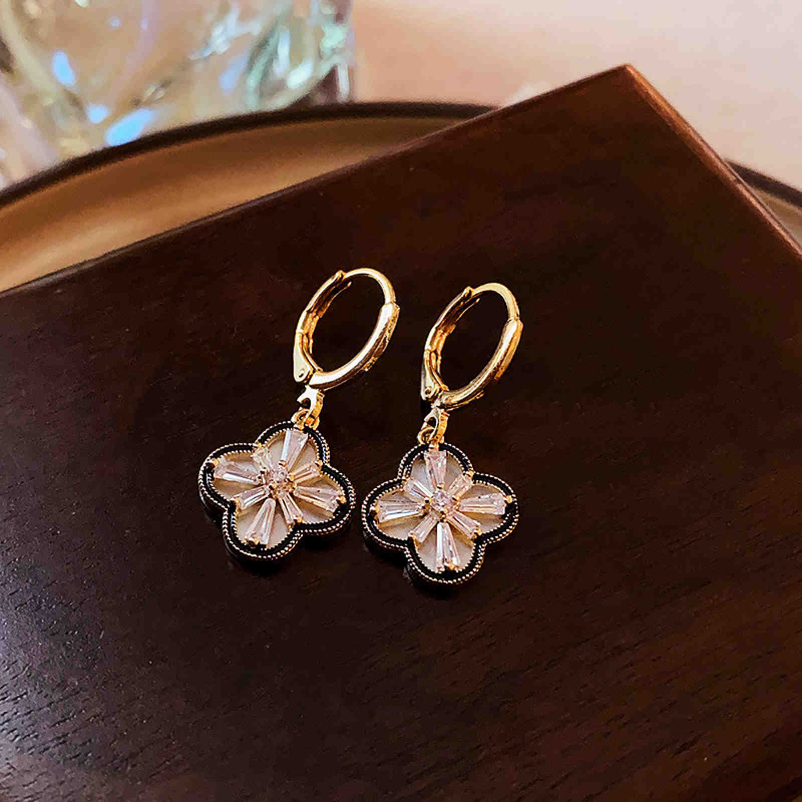 Diamond Clover Earrings Gold Hoop Lucky Clover Drop Earrings with Sterling Silver Pins