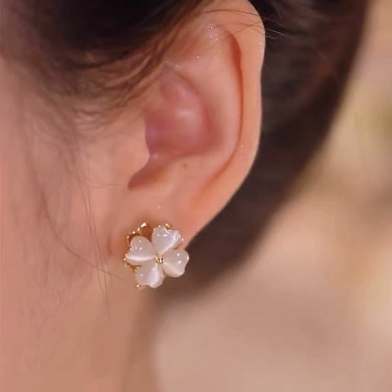 Opal Clover Stud Earrings Necklace and Rings White and Green Lucky Four Leaf Jewelry Set