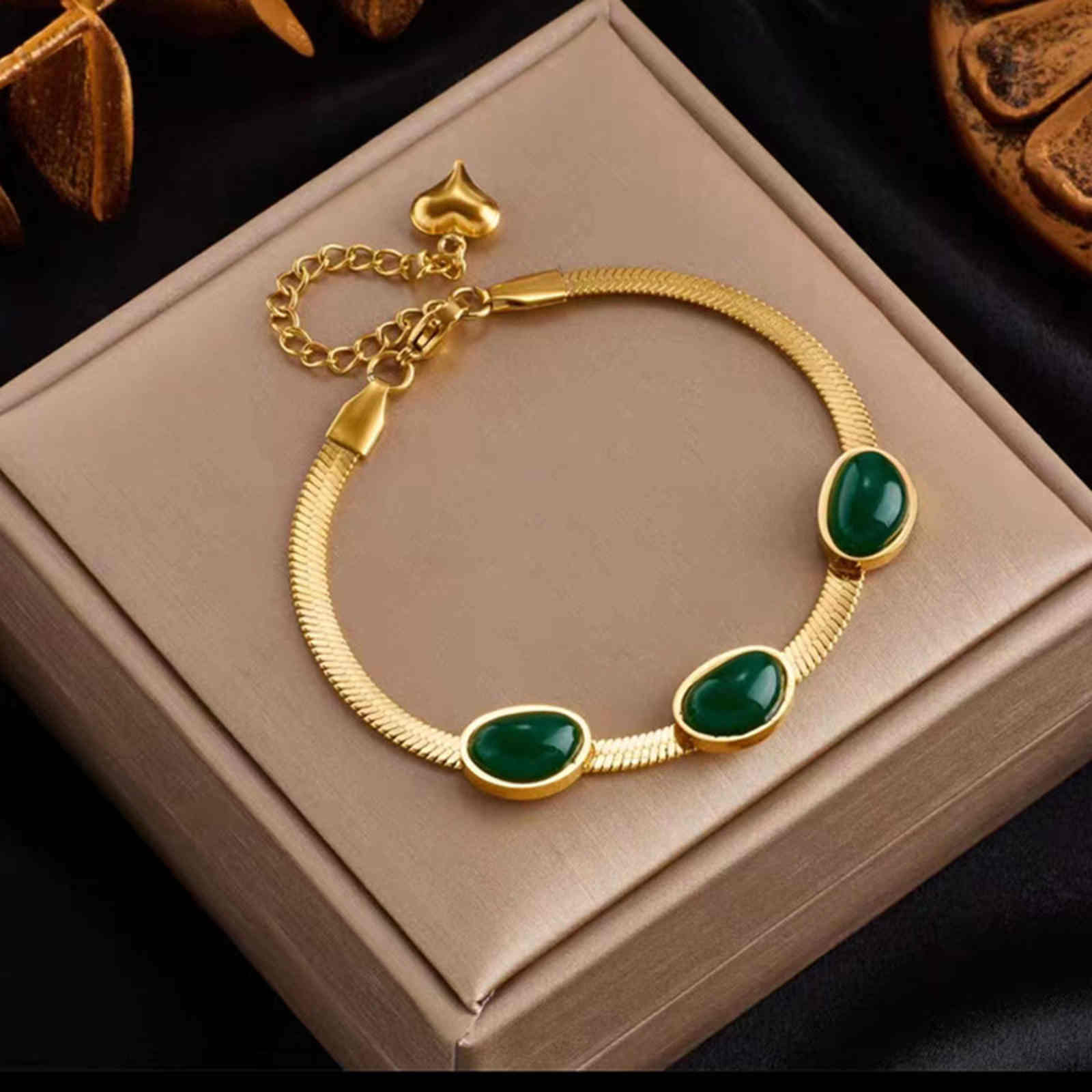 Green Jade Jewelry Set Green Hoop Drop Earrings Gold Snake Necklace and Bracelets