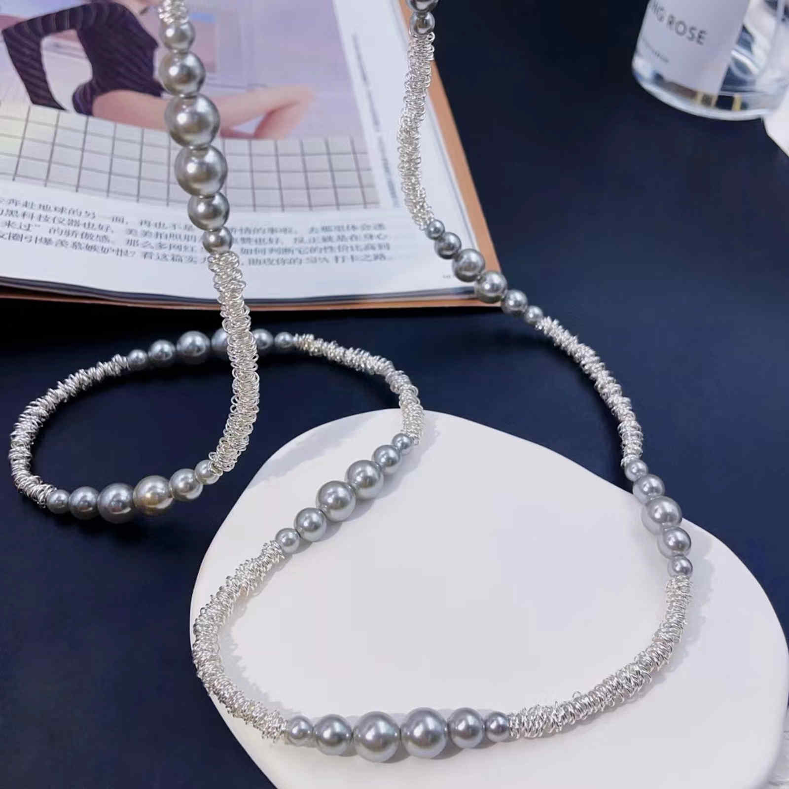 100cm Long Shell Pearl Necklace with Shiny Shattered Silver Design A Lady's Must-Have