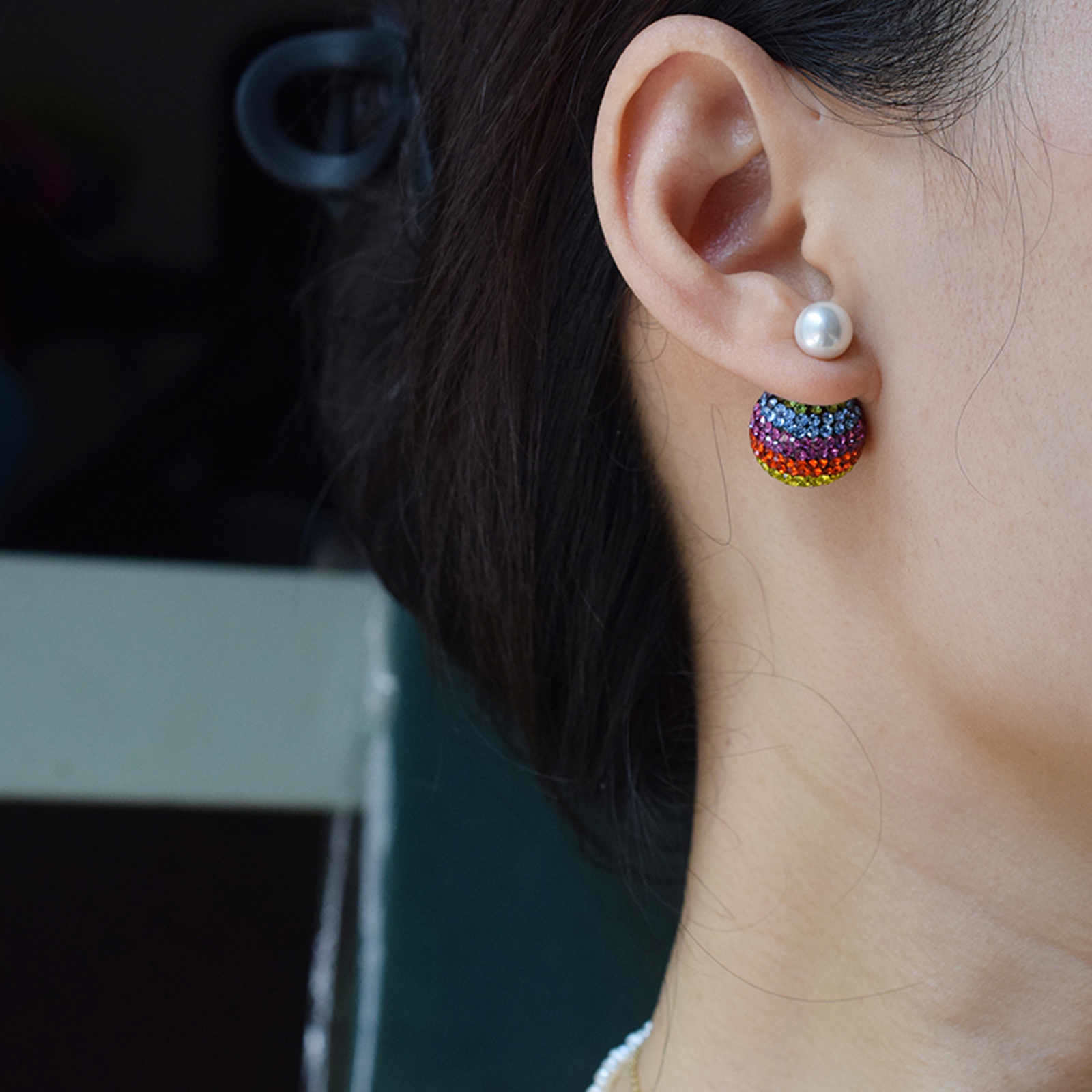 Colorful Crystal Ball Earring Double Zircon Ball Drop Earrings with S925 Silver Pins