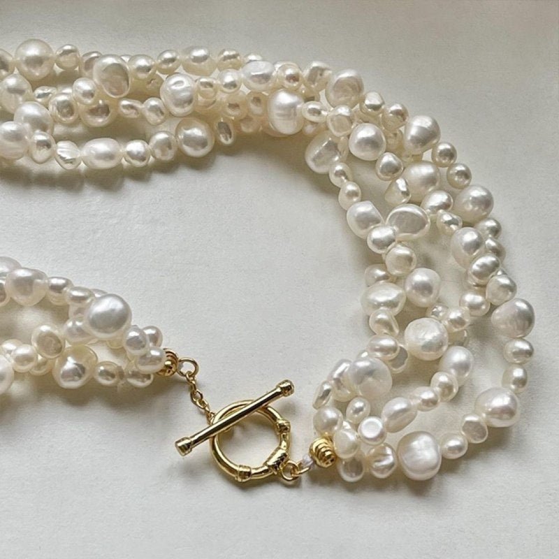4 Strands Freshwater Baroque Pearl Necklace Multi Strands Real Pearl Choker Necklace