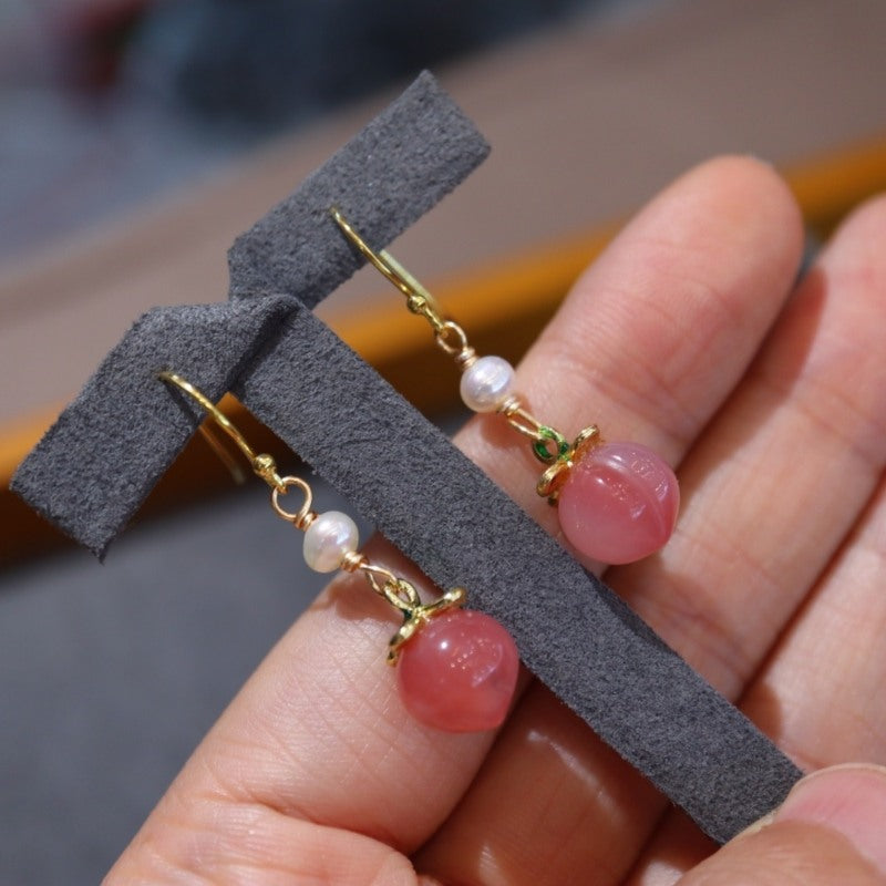 Peach Drop Necklace Bracelet and Earrings Freshwater Pearl and Gold Chain Jewelry Set for Girls