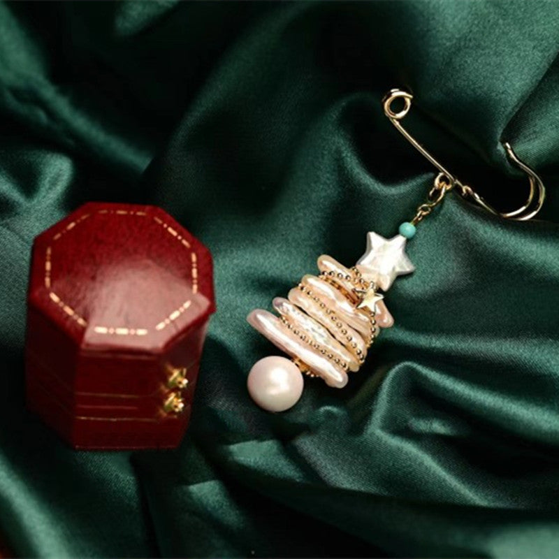 Real Baroque Pearl Necklace Pendant Luxury Christmas Tree Brooch Necklace with Gold Chain