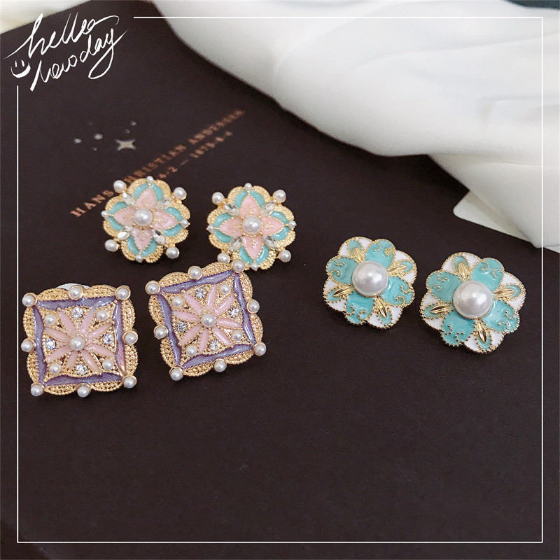 Flower Pearl Earrings Crystal Studs Colorful Earrings Stud with S925 Silver Pin