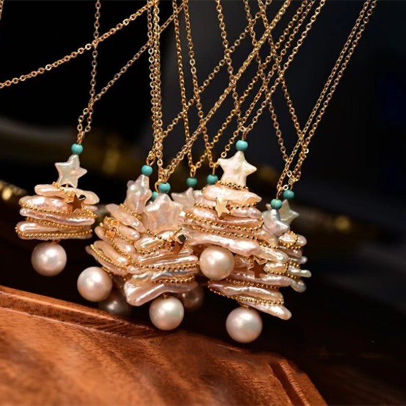 Real Baroque Pearl Necklace Pendant Luxury Christmas Tree Brooch Necklace with Gold Chain