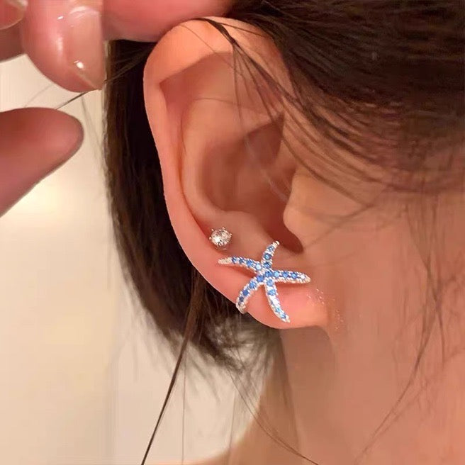 Blue Starfish Earring Studs Shiny Petite Crystal Studs with s925 Silver Pin
