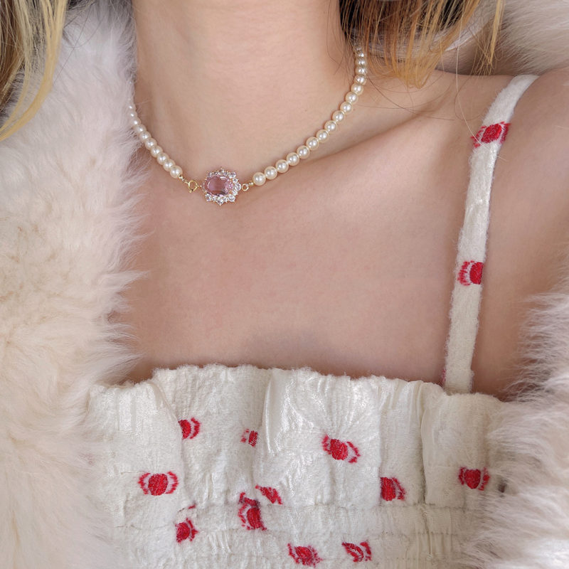 6MM Pearl Necklace | Crystal Pendant Pearl Chain | 14K Gold Shining Pearl Wedding Necklace