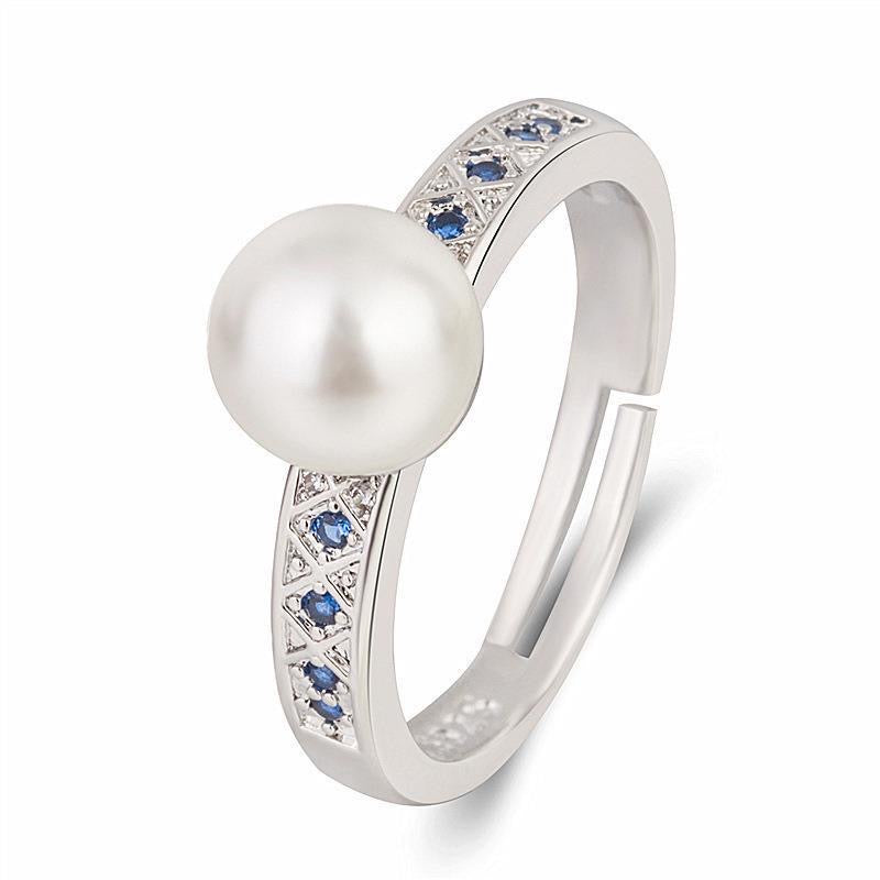 White Freshwater Pearl Ring Blue Crystal Ring in 14K Gold Over Sterling Silver Size Adjustable