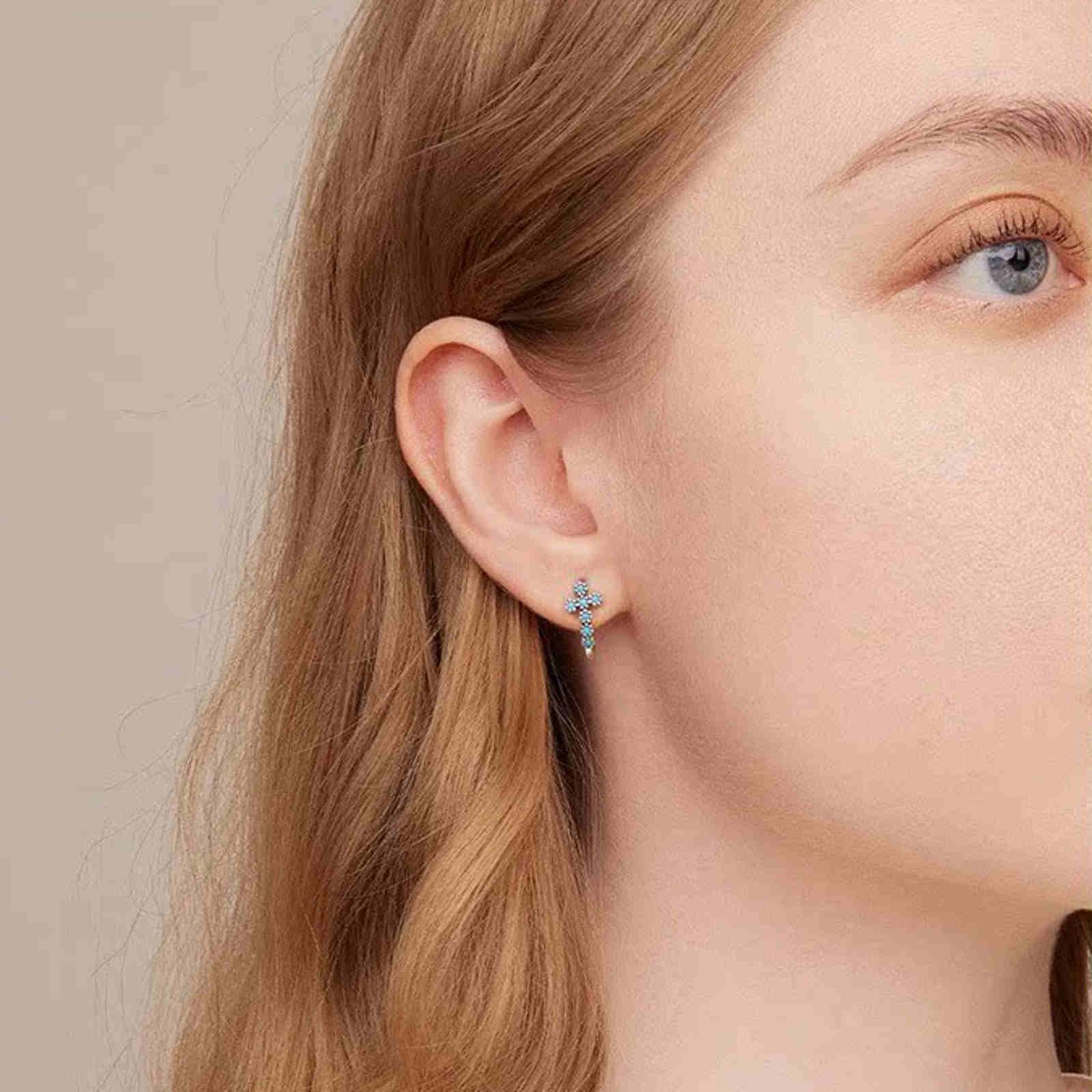 Silver Turquoise Earrings Blue Cross Style Earrings English Lock Earring Hoop