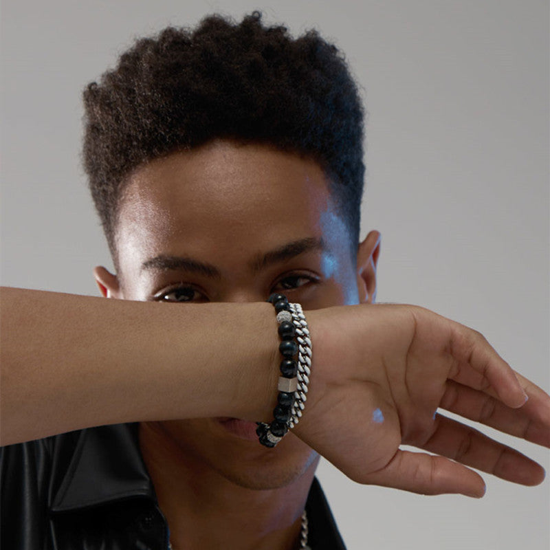 8MM Black Green Pearl Beaded Bracelet | Hip Hop Stone Bracelet | OT Clasp Cuban Chain Double Stack Bracelet