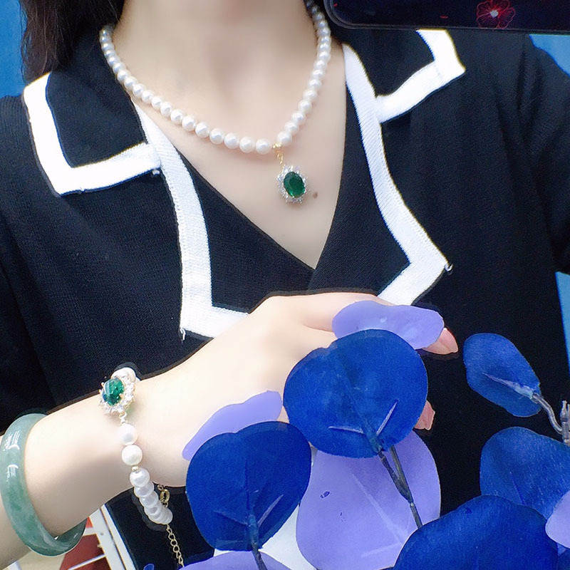 Collar de perlas naturales de agua dulce de 8MM, conjunto de pulsera, colgante de circón verde